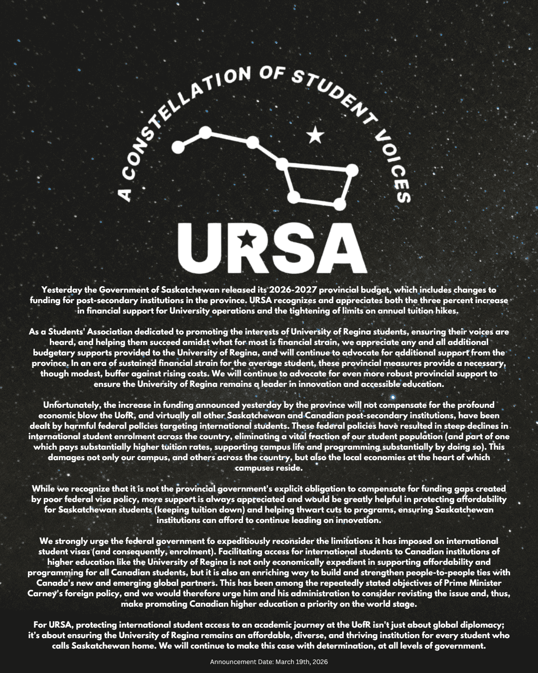 Official Statement: 2026-2027 Provincial Budget & Federal Visa Policies